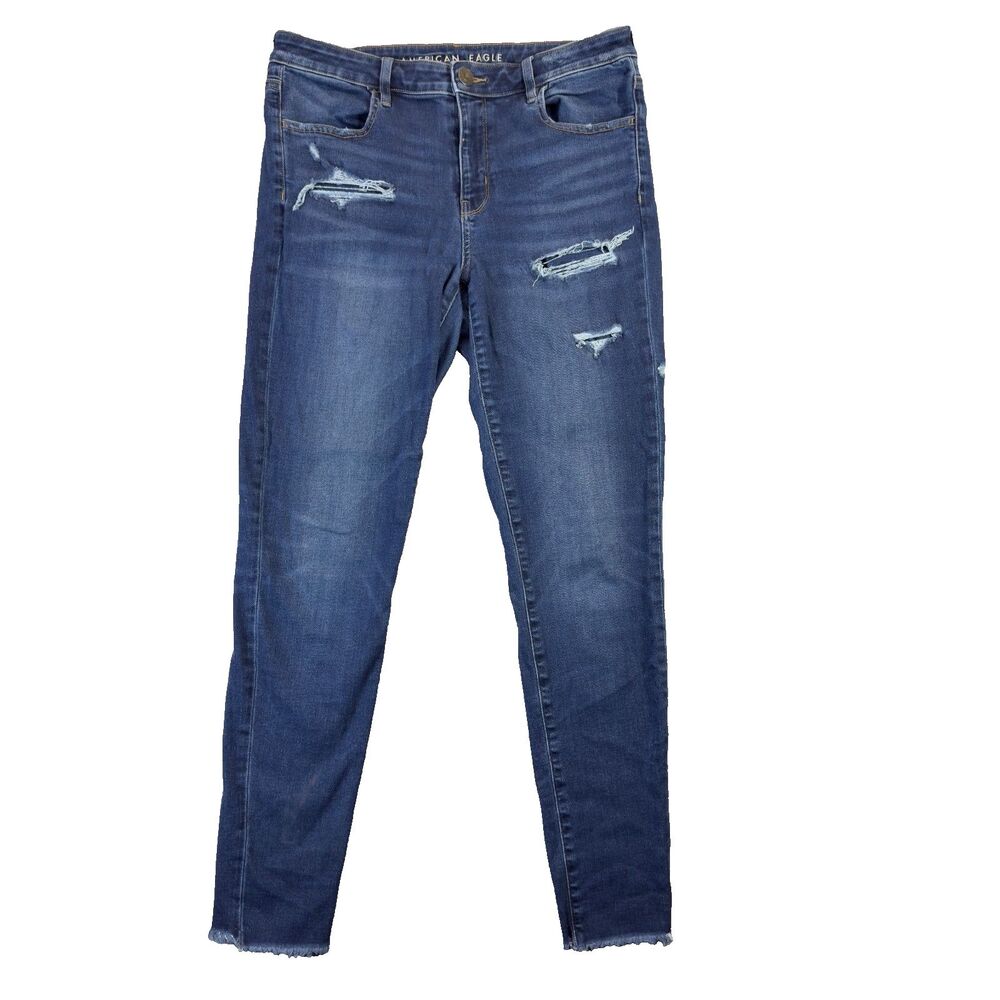American Eagle Jeans Women's 12 Long Blue Jegging Distressed Medium Wash Whisker